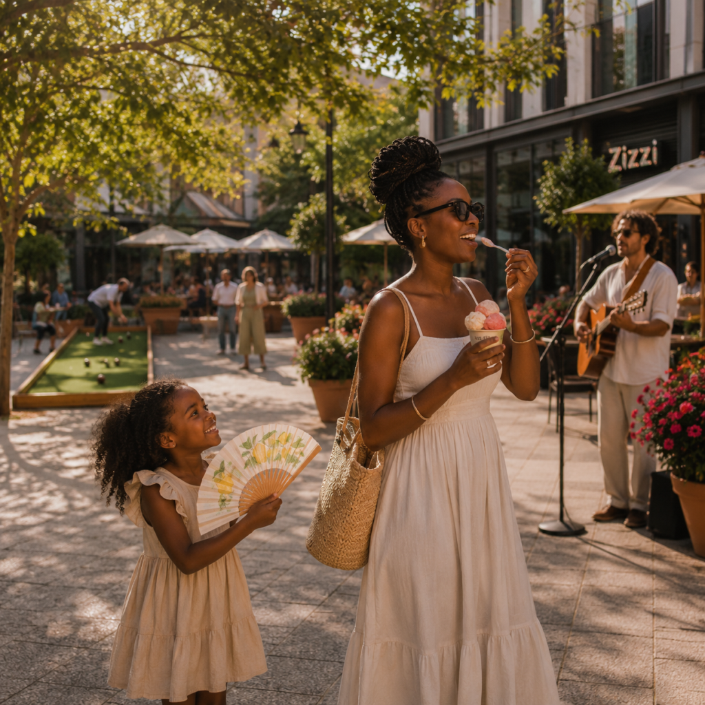 woman and daughter cross a square eating ice cream and holding a fan